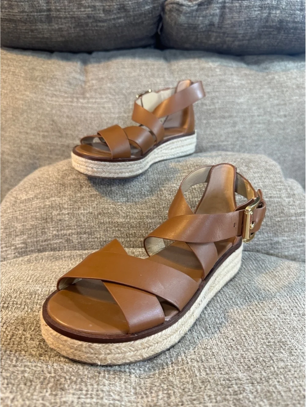 MICHAEL Michael Kors Darby Leather Espadrille Wedge Sandals Brown Size 6M